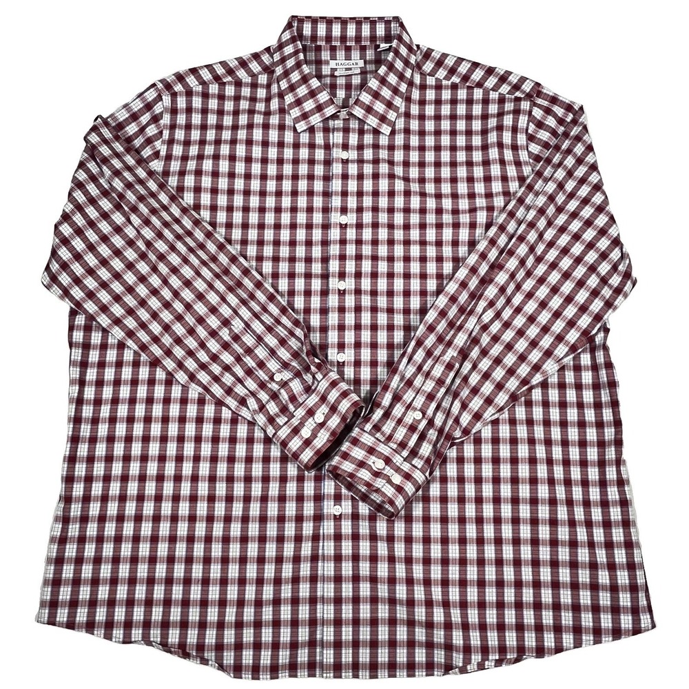 Haggar Men's 2X 18-18.5 36/37 Classic Fit Red Plaid Button Down Dress Shirt
